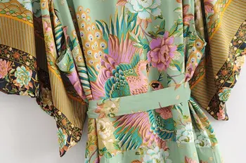 2021 Boho V Kaklo Povas Gėlių Spausdinti Ilgio Kimono Suknelę, Etninės Naujas Jungiamąją su Varčias Ilgas Cardigan Prarasti Femme Ilga Suknelė