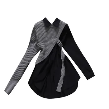 2021 m. pavasarį naujas moterų nereguliarus Nėriniai-up nuožulnios pečių mezgimo megztinis liemenė + kietas marškinėliai suknelė, kostiumas moteriška dviejų dalių komplektas