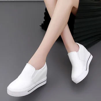 2021 m. Pavasarį Nauji moteriški Odiniai Platforma Batai Pleištai, Balta Panele Laisvalaikio Bateliai Siurbliai, Moterų Sportbačiai Zapatos Mujer 7cm