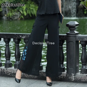 2021 nacionalinės stiliaus kelnės meno siuvinėjimo retro šifono dvigubo sluoksnio kelnės moterims kinų platus kojomis ilgos kelnės