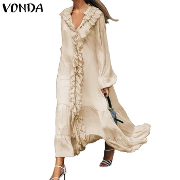 2021 VONDA Bohemijos Vasaros Suknelė Moterims Derliaus ilgomis Rankovėmis V-Kaklo, Pynimas Šalies Maxi Ilga Suknelė Paplūdimio Sundress Plus Size Vestidos