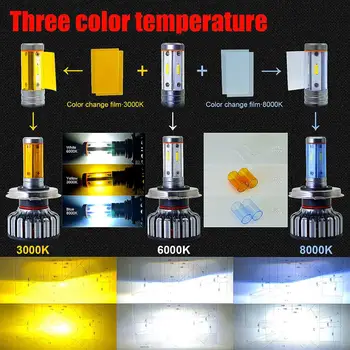 3 Spalvų LED H4, H7, H11 9012 Žibintų Lemputės Konversijos Rinkinys 4 Pusių, LED SPT Automobilių Priešrūkinis Žibintas Aukštos ir Žemos Šviesos Lemputės Pakeitimas