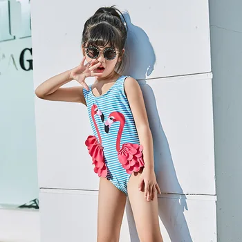 3D Flamingo Baby Girl maudymosi kostiumėlį Vienas Gabalas Vaikams maudymosi Kostiumėliai, Animacinių filmų Kūdikio Mergina Plaukti Dėvėti Dryžuotas Bamblys Mergina Maudymosi Kostiumas, Paplūdimio