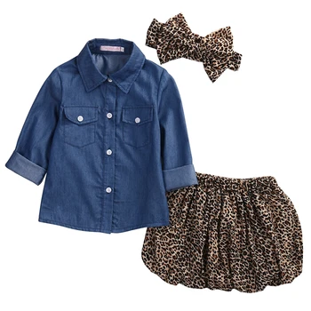 3PCs Kūdikių Mergaitės, mėlyna ilgomis rankovėmis Denim palaidinė +Leopard sijonas +bowknot lankelis Vaikams Drabužių Komplektus MUMS Sandėlyje