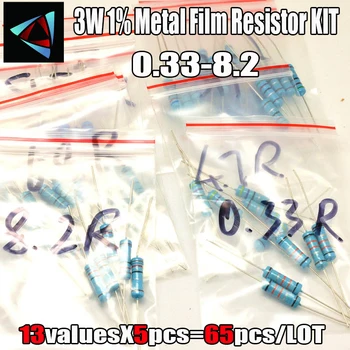 3W 13valuesx5pcs=65pcs 0.33 R - 8.2 R, 1% Metalo Kino Rezistorius Asorti Rinkinys Rezistorius Pack