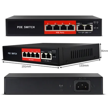 4+2 Prievadai 48V Power Over Ethernet Jungiklis IP Kameros 1236 Maitinimo 4CH POE Switch IEEE802.3af/ne PoE Injector