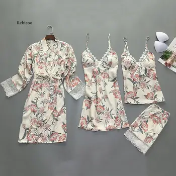 4 Vienetų/set Moterų Pižama Rinkiniai Satino Nėriniais Seksualus Pijama Pyjama Mujer Pižamos Moterims, Šilko Gėlių Spausdinti Sleepwear