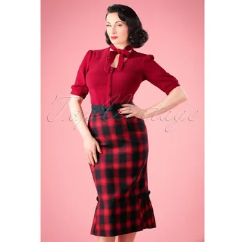 40 - moterų derliaus 40s frenchie pieštuku sijonas Raudonas languotas elegantiškas aukšto juosmens kraipyti vidurio saia plius dydis sijonai faldas jupe
