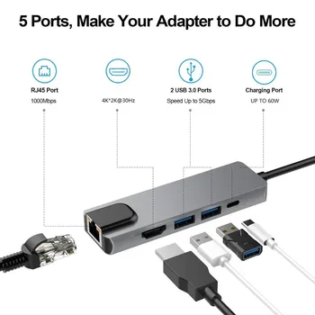 4K USB C Hub su Gigabit Ethernet Rj45 Lan 5 in 1 USB Tipo C Hub Hdmi -suderinamas su 