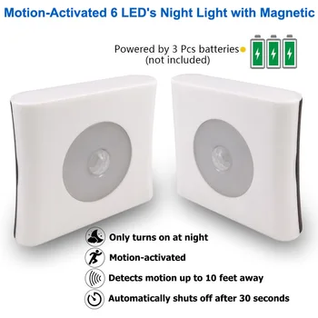 4pcs Baterija 6 LED Belaidis PIR Judesio Jutiklis Nakties Šviesos Magnetinis Aktyvuotas Sienų apšvietimo Virtuvės Spintoje Šviesos Lempos