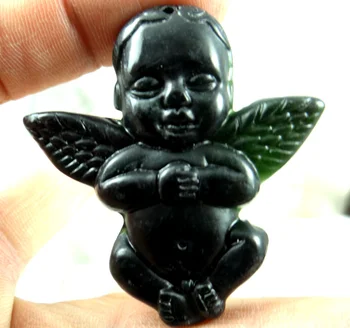 52*50Wholesale gamtos Kinijos juodas žalias akmuo ranka raižyti statula Kupidonas amuletas pakabukas karoliai, Papuošalai Priėmimo