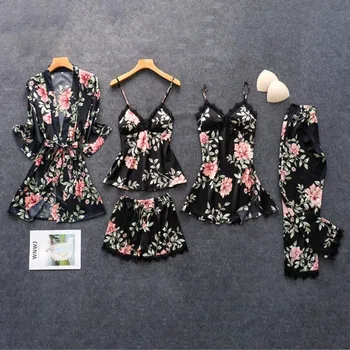 5VNT Seksualių Moterų Gėlių Spausdinti Šilko Satino Prarasti Chalatas Chalatas Kelnės Šortai Rankovių Viršūnes apatinis Trikotažas Nustatyti Pižama Sleepwear#g3