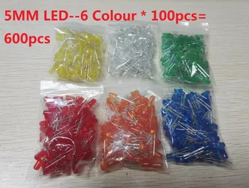 600pcs=6 spalvos*100vnt Balta Raudona Geltona Žalia Mėlyna Oranžinė 5mm LED rinkiniai F5 Išsklaidytos Šviesos Diodų Lempos Asorti Kit Rinkinys