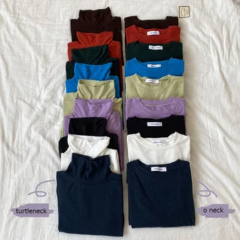 9 spalvų 2019 m. rudenį moterų viršūnių slim vientisos spalvos ilgomis rankovėmis golfo/O kaklo t marškinėliai, moteriški marškinėliai, femme (X1080