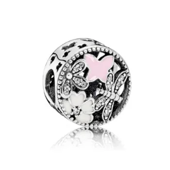 925 Sterling Silver Pink Emalį Su Crystal Butterfly Gėlių Granulės, Tinkami Pandora Moterys Apyrankę & Karoliai 
