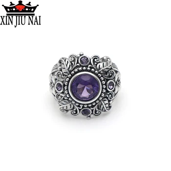 925 sterlingas sidabro Derliaus Tailando Sidabro Spalvos Gėlių Lapų Formos Big Crystal Žiedą, kad Moteris su Violetine CZ Akmuo ametistas žiedas