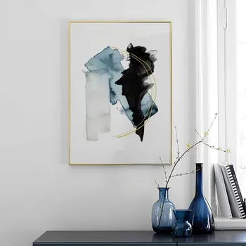 Abstrakti Watercolour Drobės Mėlynos ir Juodos Sienos Menas Spausdinti Aukso Linijų, Modernaus Nuotraukos Kambarį Ant Sienos, Namų Dekoro