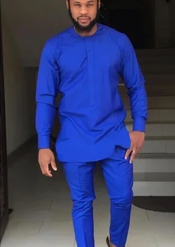 Afrikos mados marškinėliai ir kelnės royal blue ziajać rinkiniai senatorius stiliaus žmogus jaunikis kostiumai individualų šalis nešioti Afrikos drabužiai