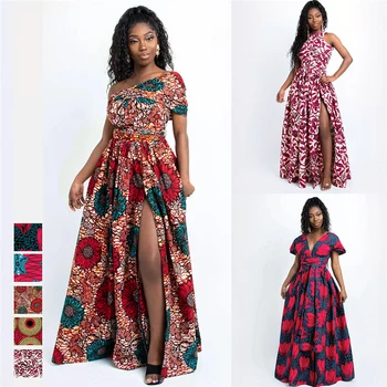 Afrikos Suknelės Moterims Afrikos Drabužių 2020 Ankara Gėlių Vaškas Spausdinti V-Kaklo Backless Suknelė Skraiste Africaine Femme Afrikos Drabužiai
