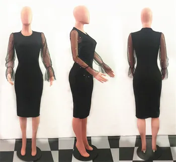 Akių Kratinys Blyksnius Ilgomis Rankovėmis Bodycon Midi Suknelė Moterims, Elegantiškas Duobute Office Dėvėti Darbo Partijos Juodosios Kelio Ilgis Suknelės