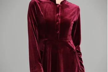 Aksomo Moterų Suknelė 2020 M. Rudenį, Žiemą Stovėti Apykaklės Vieną Krūtinėmis ilgomis Rankovėmis Ponios Siuvinėjimas-Line 