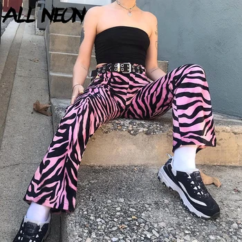ALLNeon Y2k Estetika Rožinė Zebra Spausdinimo Ilgas Kelnes E-girl Punk Stiliaus Vidurio juosmens Atsirišo Tiesiai Ziajać 90s Streetwear Kelnės
