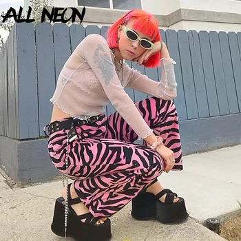ALLNeon Y2k Estetika Rožinė Zebra Spausdinimo Ilgas Kelnes E-girl Punk Stiliaus Vidurio juosmens Atsirišo Tiesiai Ziajać 90s Streetwear Kelnės
