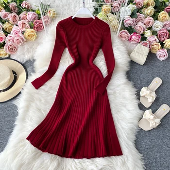 ALPHALMODA 2020 m. Rudens Žiemos Moterims, Elegantiškas Plisuotos Mezgimo Suknelė ilgomis rankovėmis Slim-line Ponios Retro Megztinis Suknelė