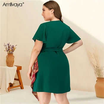 Amtivaya Moteris Plus Size Big Green Juosmens Mozaikos Suknelė 2020 Metų Vasaros Elegancija V-kaklo Derliaus Trumpas Rankovės Kelio Ilgio Sijonas