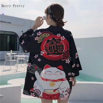 Animacinių filmų Katės Ir Gėlių Spausdinti kimono Palaidinė Ir Viršūnių Moterų Pusė Rankovių Megztinis Palaidinė 2020 Metų Vasaros Saldus Stilius Harakuju Marškinėliai
