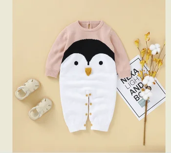 Animacinių filmų pingvinas formos kūdikių vientisas skraiste romper Megztinius ilgomis Rankovėmis Megztinis Žiemą Šiltas Jumpsuits