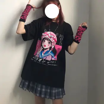 Anime mergina trumparankoviai marškinėliai moteriška 2021 naujas vasaros Harajuku Japonijos streetwear prarasti visas rungtynes, Ulzzang kawaii y2k drabužiai