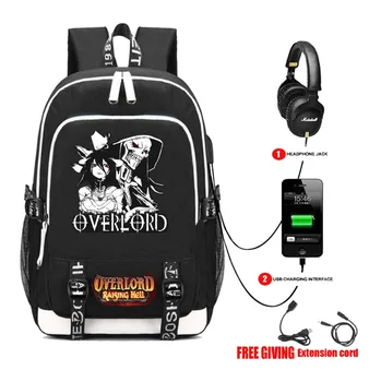 Anime Overlord Drobės Kuprinė USB Įkrovimą, Ausinių lizdas Studentų Mokyklos Kuprinė Paauglių vyrų kelionės nešiojamojo kompiuterio krepšys 16 stilius