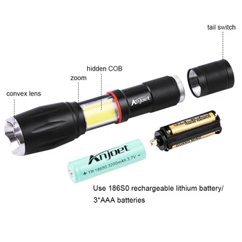 Anjoet LED Taktinis žibintuvėlis pusėje COB lempos dizainas T6 Zoomable fakelas Magnetinio 6 šviesos režimai 18650 baterija + kroviklis