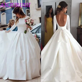 ANJURUISI White Satin Paprasta 3/4 Rankovėmis Vestuvių Suknelės 2020 Elegantiškas Backless Nuotakos Suknelės Atvira nugara Pigūs Vestuvių Suknelės