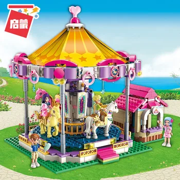 APŠVIESTI Merginos Miesto Draugų Princess Fantasy Karuselė Spalvinga Šventės Pastato Blokus Rinkiniai Plytų Rinkinius Vaikams, Žaislai