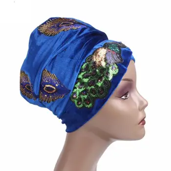 Arabų Moterys Ramadanas Ilga Uodega Kepurės Musulmonų Afrikos Skrybėlę, Šaliką Turbaną Skrybėlės Headwrap Elegantiškas Blizgančiais Povas Siuvinėjimo Aksomo Naujas