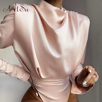 Artsu Elegantiškas Satino Rožinė Palaidinė ilgomis Rankovėmis Bodysuits Viršūnes Moterų 2020 M. Pavasarį Naujas Romper Mujer Ponios Mielas Marškinėliai ASJU60703