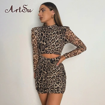 Artsu Leopardas Spausdinti ilgomis Rankovėmis Mini Suknelė Ruched Seksualus Bodycon Šalis Suknelės Moterų Mados Klubas Suknelės Komplektus ASDR60735