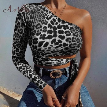 Artsu Seksualus Vieną Petį Apkarpyti Viršūnes Leopardas Spausdinti Nėrinių marškinėliai Moterims Slim Mados Rudens-Žiemos Tees Naujas ASTS60676