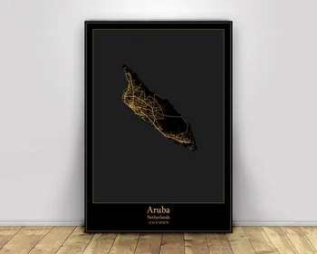 Aruba, Nyderlandų Black&Gold Miesto Šviesos Žemėlapiai Užsakymą Pasaulio Miesto Žemėlapį, Plakatai, Drobė Spausdina Šiaurės Stiliaus Sienos Menas Namų Dekoro