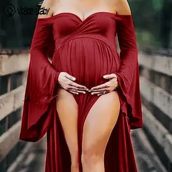 Asimetriškas Motinystės Suknelė Už Nuotrauką Šaudyti Seksualus Pynimas Nėščia Medvilnės V-kaklo Sluoksniuotos Rankovėmis Maxi Kulkšnies Suknelė Moterims Nėštumo