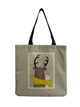 Asmenybės Praktinis Moterų Pirkinių Maišeliai 2020 M. Pardavimo Animacinių Filmų Antilopių Spausdinti Lino Rankinės Ekologinio Draugiškas Custom Modelis Tote Bag