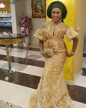 Aso Ebi Afrikos Nėrinių Vakaro Suknelė Undinė nuo Peties Nigerijos Stiliaus Prom Dresses Plius Dydis Blizga Blizgučiai Aukso Oficialų Suknelė
