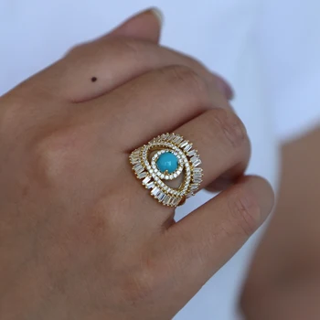 Aukso užpildytas aukščiausios kokybės turas blue fire opal Perlas bižuterijos kibirkšties bling cz prabangūs turkijos blogio akių Aukso skanėstas žiedas
