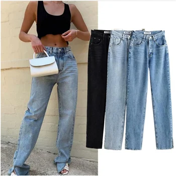 Aukštos juosmens džinsai krovinių kelnės moterims džinsai plati dizaino ritininės džinsai 2020 m. rudenį naujų asmenybės kelnės padalinta mopping moterų džinsai