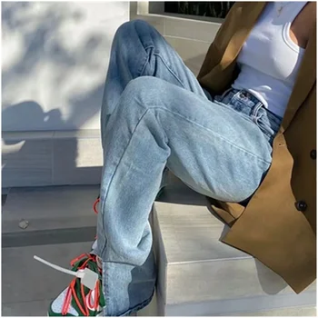 Aukštos juosmens džinsai krovinių kelnės moterims džinsai plati dizaino ritininės džinsai 2020 m. rudenį naujų asmenybės kelnės padalinta mopping moterų džinsai