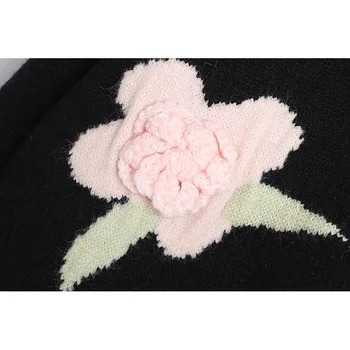 Aukštos Kokybės Kalėdų Žiemos Juoda Vintage Prabanga Megztinis Moterims 3D gėlių Siuvinėjimas Megztinis o-Kaklo, Vieną Krūtinėmis Drabužiai