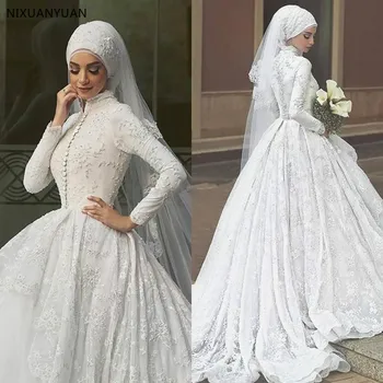 Aukštos Kokybės-Line Balto Šifono Vestuvinės Suknelės ilgomis Rankovėmis Musulmonų Vestuvių Suknelė su Hijab Siuvinėjimo arabų Vestuvių Suknelė