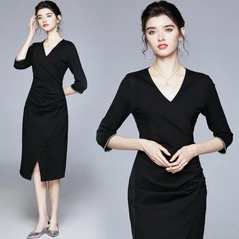 Aukštos kokybės prancūzų rudenį, pavasarį Retro Hepburn stiliaus V-kaklo pusė rankovėmis streetwear prekės ženklo moterys moterys Juoda Padalinta suknelė